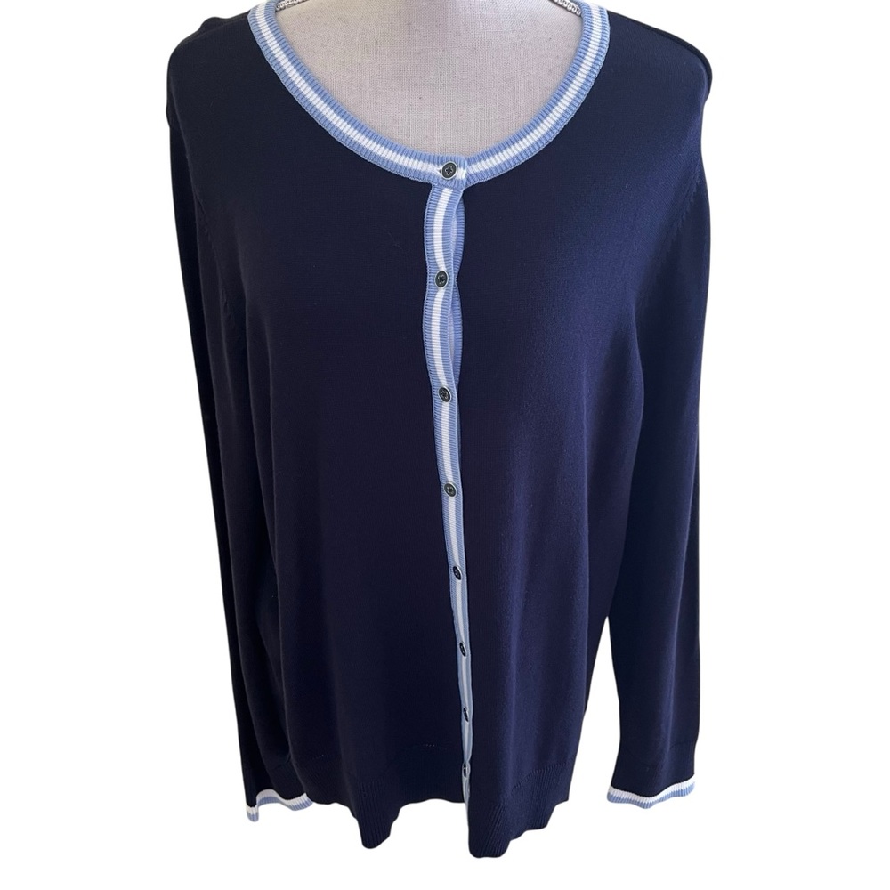 Croft & Barrow Navy Blue Scoop Neck Button Front Cardigan with White/Blue Trim